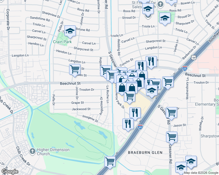 map of restaurants, bars, coffee shops, grocery stores, and more near 8102 La Roche Lane in Houston