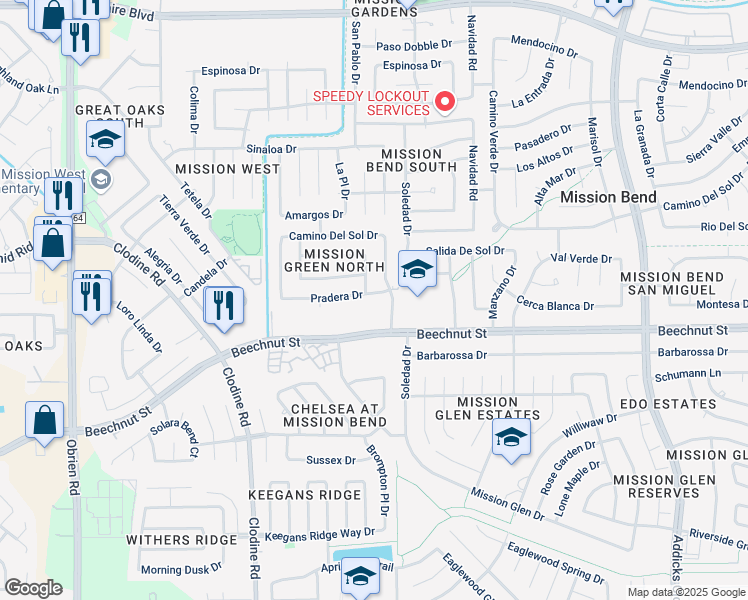 map of restaurants, bars, coffee shops, grocery stores, and more near 16307 Pradera Drive in Houston