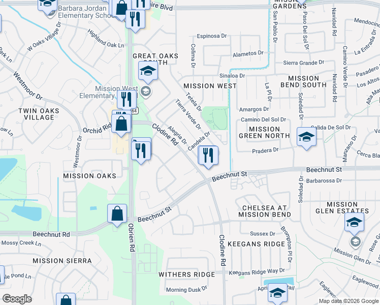 map of restaurants, bars, coffee shops, grocery stores, and more near 8000 Clodine Road in Houston