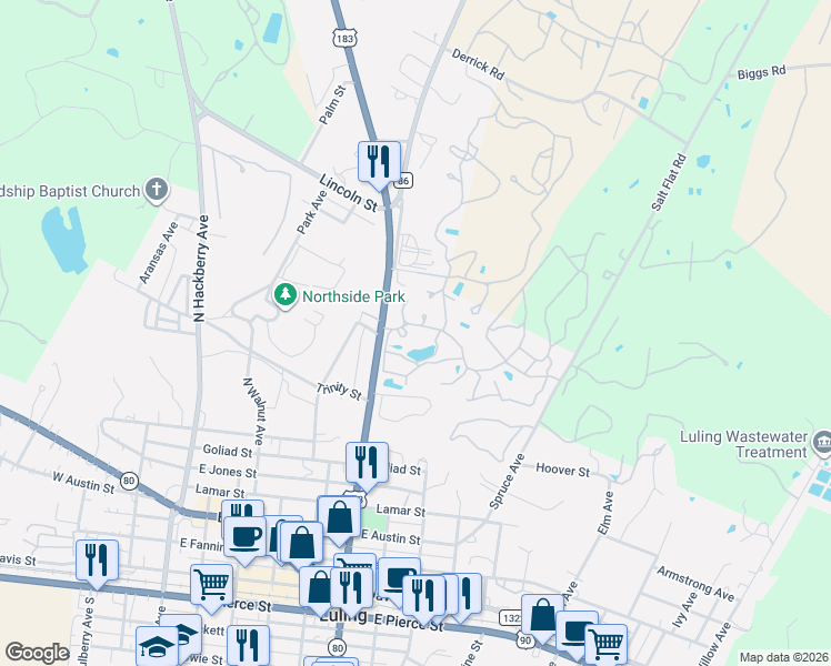 map of restaurants, bars, coffee shops, grocery stores, and more near Unnamed Road in Luling