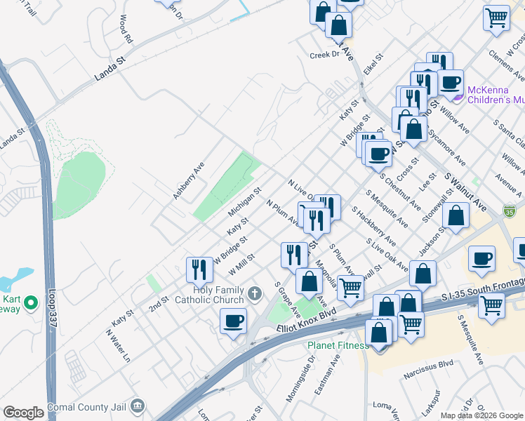 map of restaurants, bars, coffee shops, grocery stores, and more near 1854 West Bridge Street in New Braunfels