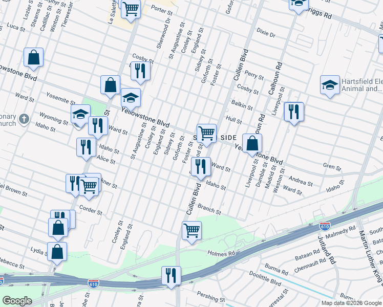 map of restaurants, bars, coffee shops, grocery stores, and more near 6805 Foster Street in Houston