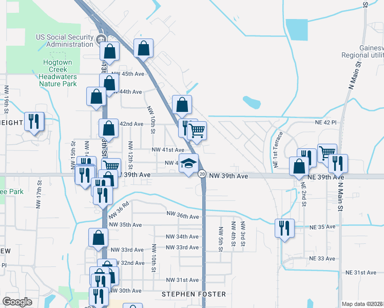 map of restaurants, bars, coffee shops, grocery stores, and more near 620 Northwest 40 Avenue in Gainesville