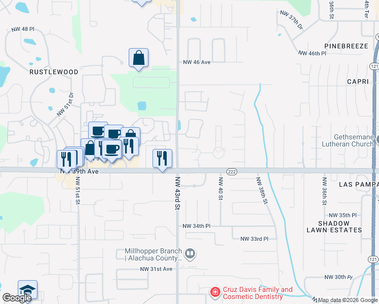 map of restaurants, bars, coffee shops, grocery stores, and more near 4103 Northwest 39th Avenue in Gainesville