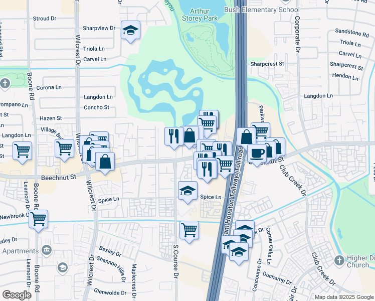 map of restaurants, bars, coffee shops, grocery stores, and more near 10218 Beechnut Street in Houston