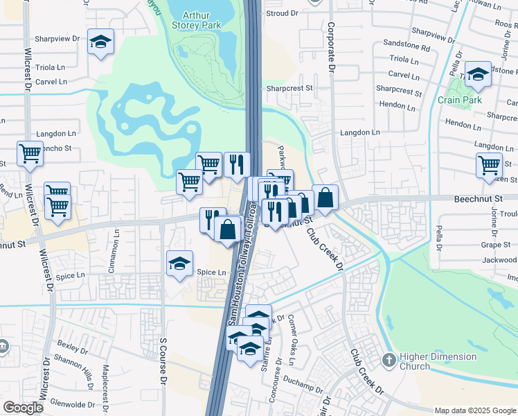 map of restaurants, bars, coffee shops, grocery stores, and more near Texas 8 Beltway in Houston