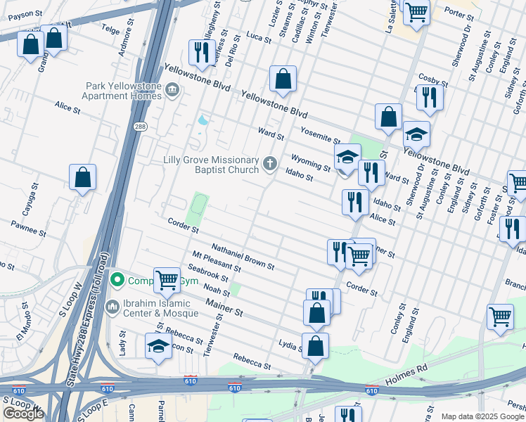 map of restaurants, bars, coffee shops, grocery stores, and more near 3630B Lehall Street in Houston