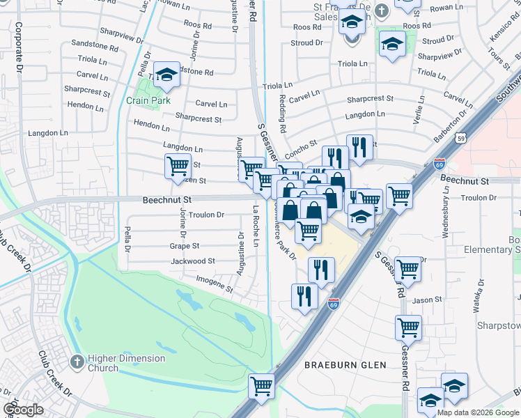 map of restaurants, bars, coffee shops, grocery stores, and more near 8102 La Roche Lane in Houston