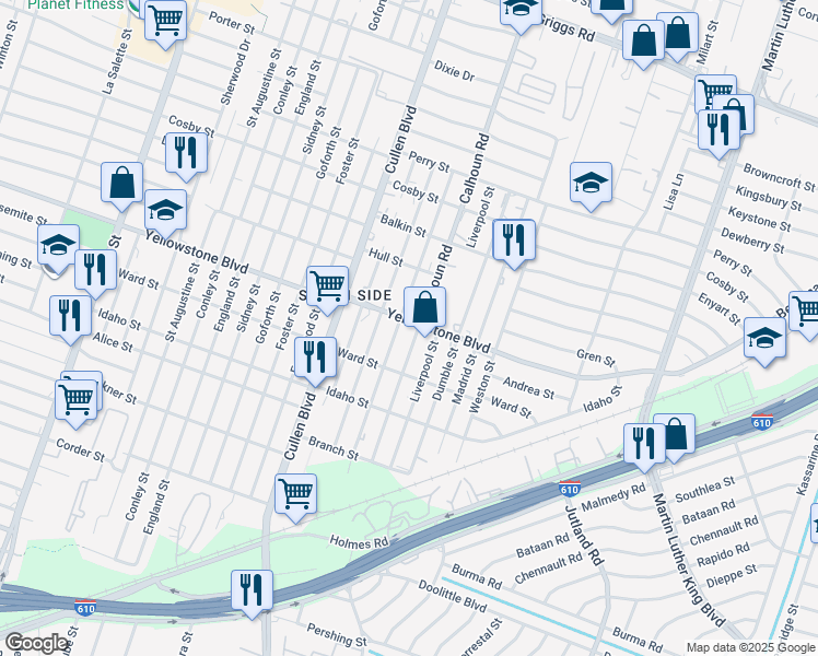 map of restaurants, bars, coffee shops, grocery stores, and more near 4706 Yellowstone Boulevard in Houston