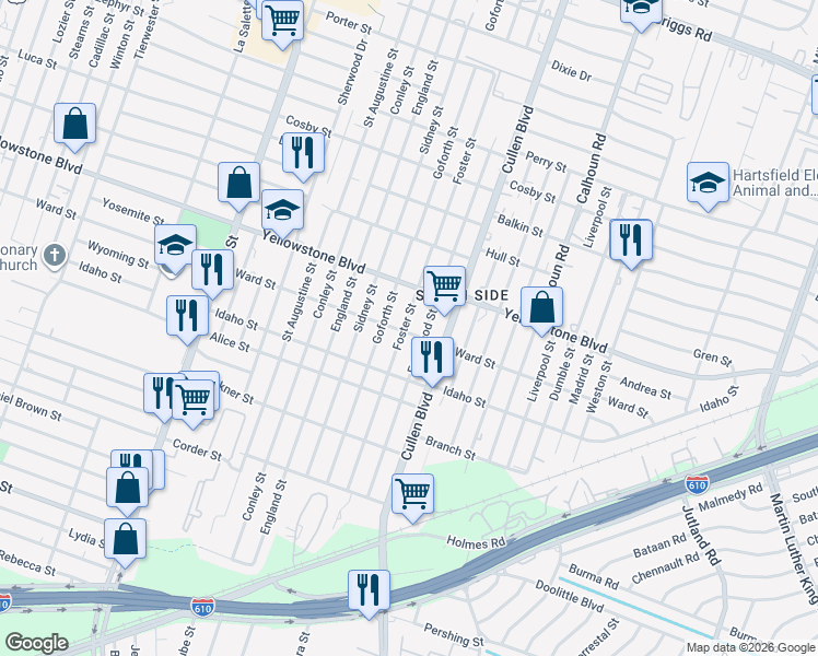 map of restaurants, bars, coffee shops, grocery stores, and more near 6805 Foster Street in Houston
