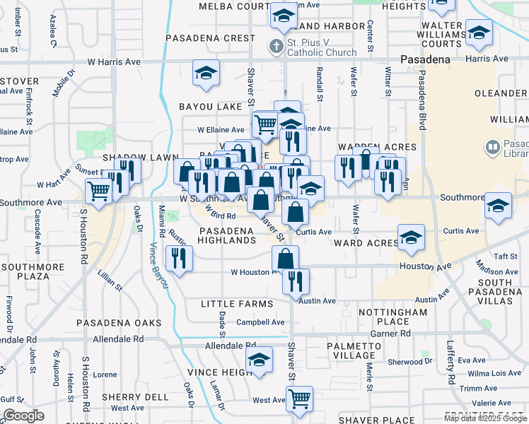 map of restaurants, bars, coffee shops, grocery stores, and more near 101 West Bird Road in Pasadena