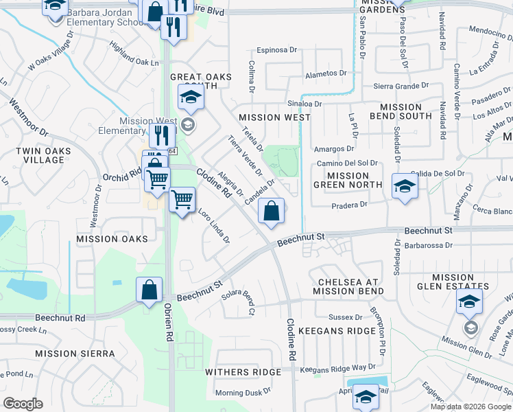 map of restaurants, bars, coffee shops, grocery stores, and more near 7807 Alegria Drive in Houston