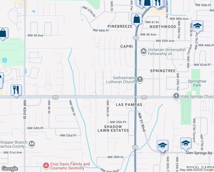 map of restaurants, bars, coffee shops, grocery stores, and more near 3631 Northwest 39th Place in Gainesville