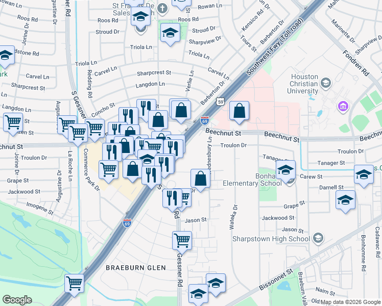 map of restaurants, bars, coffee shops, grocery stores, and more near 8181 Southwest Freeway in Houston
