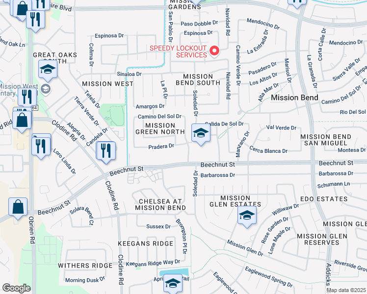map of restaurants, bars, coffee shops, grocery stores, and more near 16307 Pradera Drive in Houston