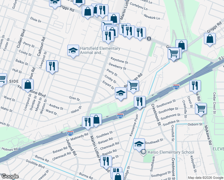 map of restaurants, bars, coffee shops, grocery stores, and more near 6407 Beekman Road in Houston