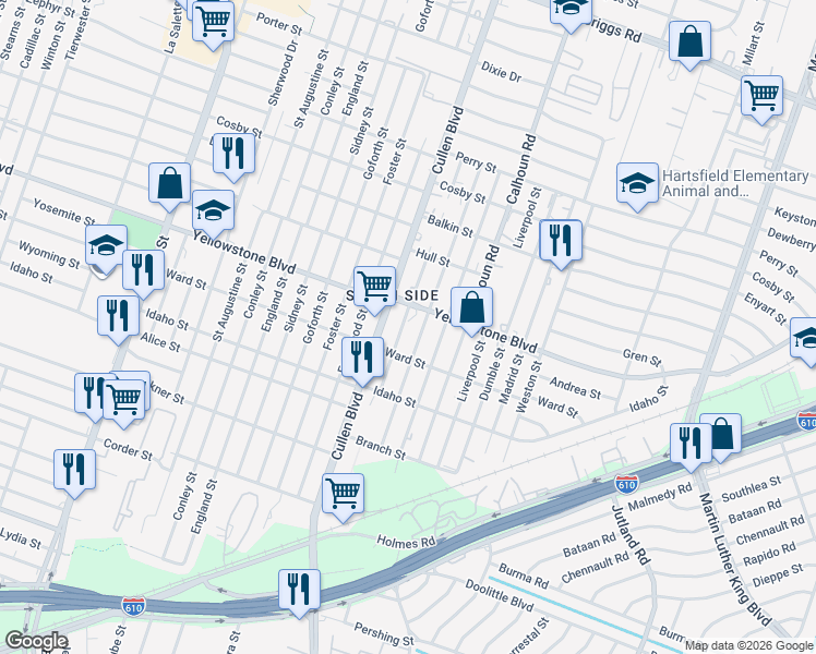 map of restaurants, bars, coffee shops, grocery stores, and more near 6732 New York Street in Houston