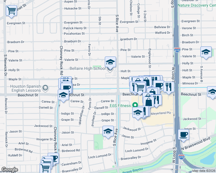 map of restaurants, bars, coffee shops, grocery stores, and more near 5114 Beechnut Street in Houston
