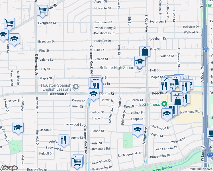 map of restaurants, bars, coffee shops, grocery stores, and more near 5226 Beechnut Street in Houston