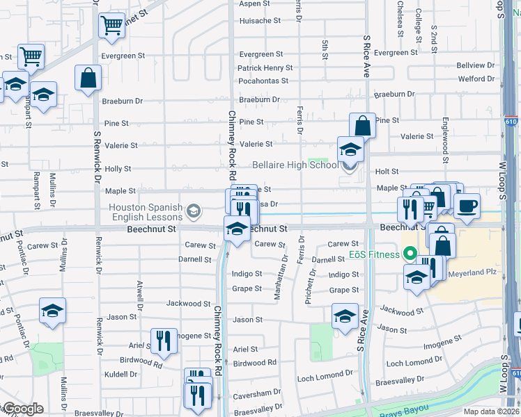 map of restaurants, bars, coffee shops, grocery stores, and more near 5250 Beechnut Street in Houston