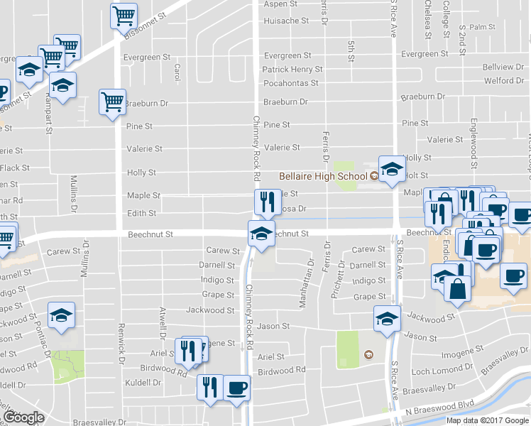map of restaurants, bars, coffee shops, grocery stores, and more near 5250 Beechnut Street in Houston