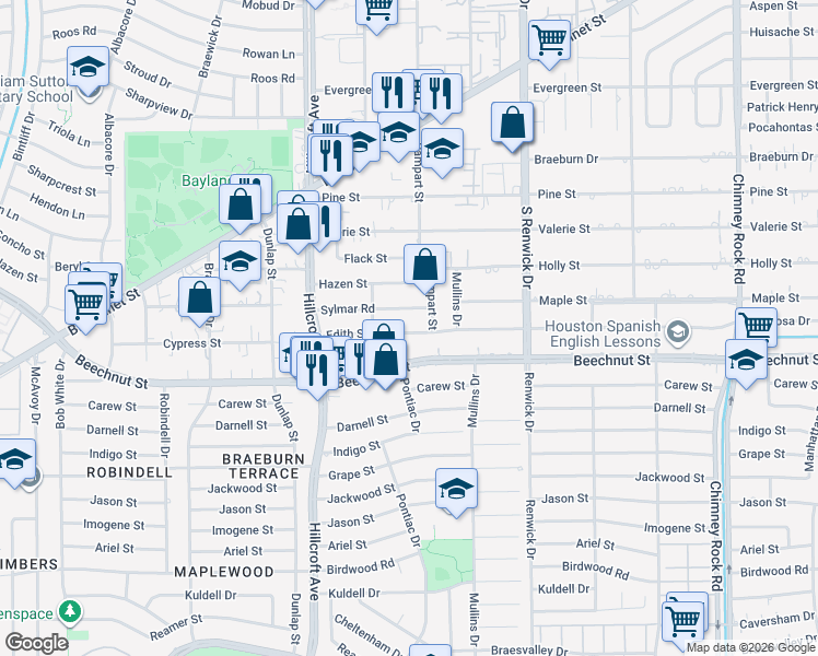 map of restaurants, bars, coffee shops, grocery stores, and more near 5566 Beechnut Street in Houston