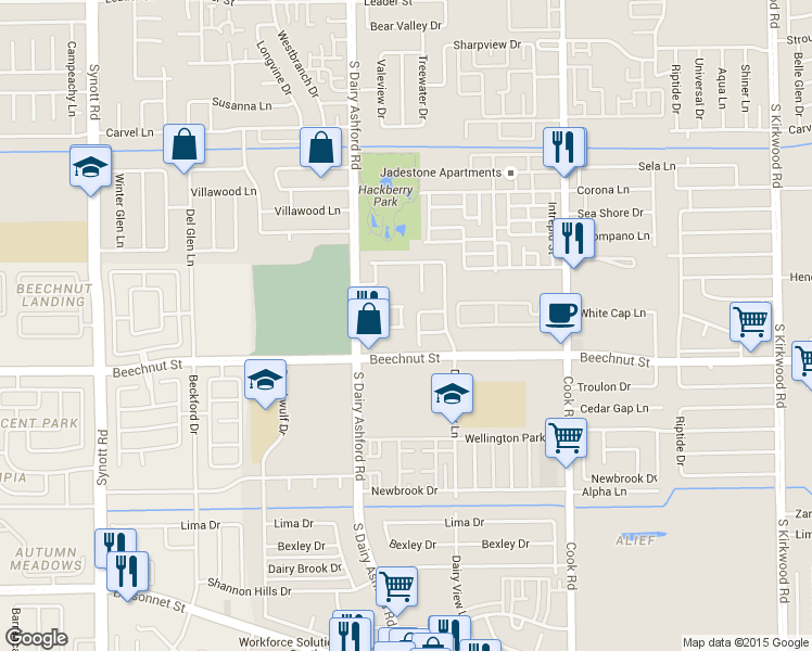 map of restaurants, bars, coffee shops, grocery stores, and more near 12650 Beechnut Street in Houston