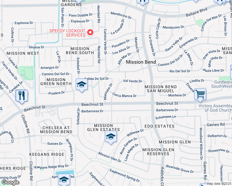 map of restaurants, bars, coffee shops, grocery stores, and more near 8023 Tamayo Drive in Houston