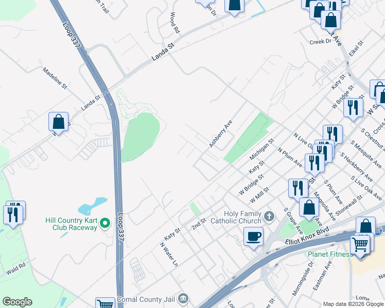 map of restaurants, bars, coffee shops, grocery stores, and more near 2250 Ashberry Avenue in New Braunfels
