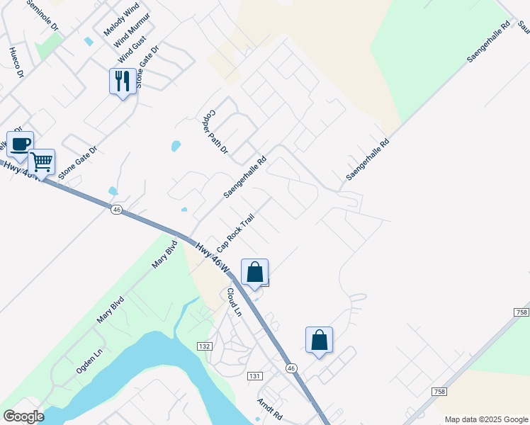 map of restaurants, bars, coffee shops, grocery stores, and more near 1513 Cap Stone Ridge in New Braunfels