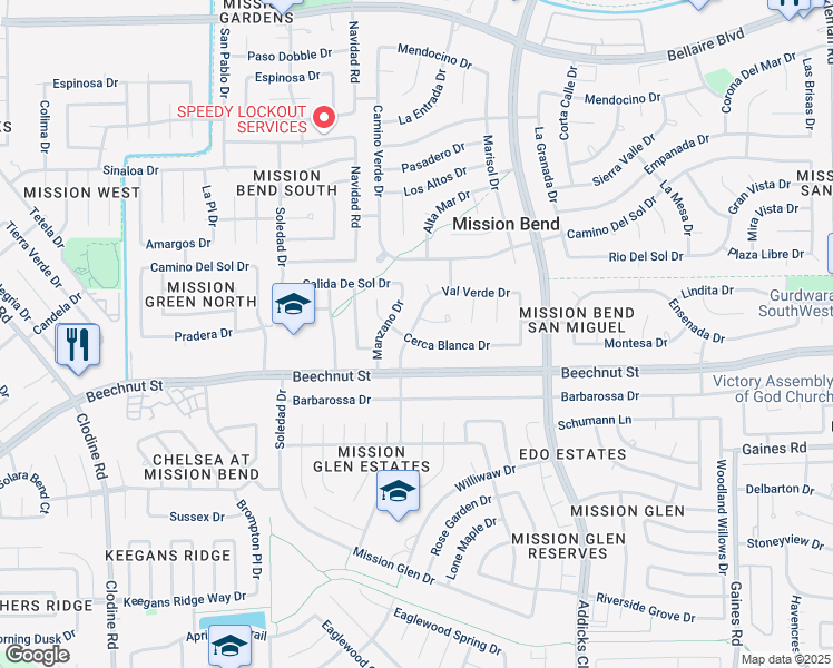 map of restaurants, bars, coffee shops, grocery stores, and more near 8023 Tamayo Drive in Houston