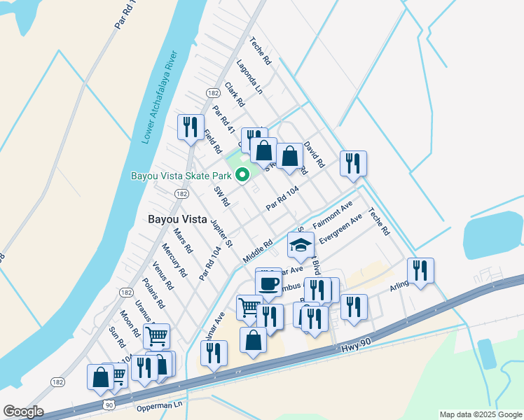 map of restaurants, bars, coffee shops, grocery stores, and more near 1212-1310 Par Road 104 in Morgan City