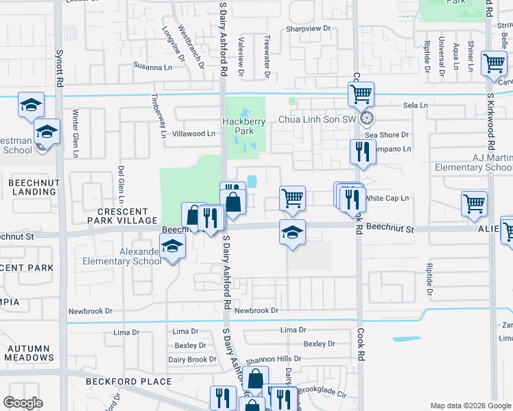 map of restaurants, bars, coffee shops, grocery stores, and more near 12650 Beechnut Street in Houston