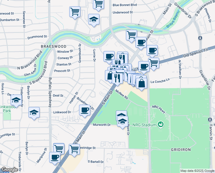 map of restaurants, bars, coffee shops, grocery stores, and more near 8700 South Main Street in Houston