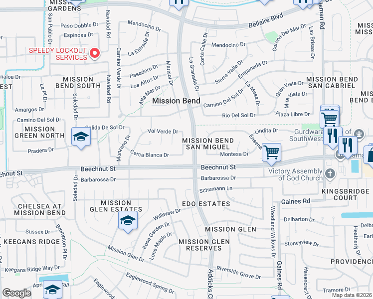 map of restaurants, bars, coffee shops, grocery stores, and more near 8019 Marisol Drive in Houston