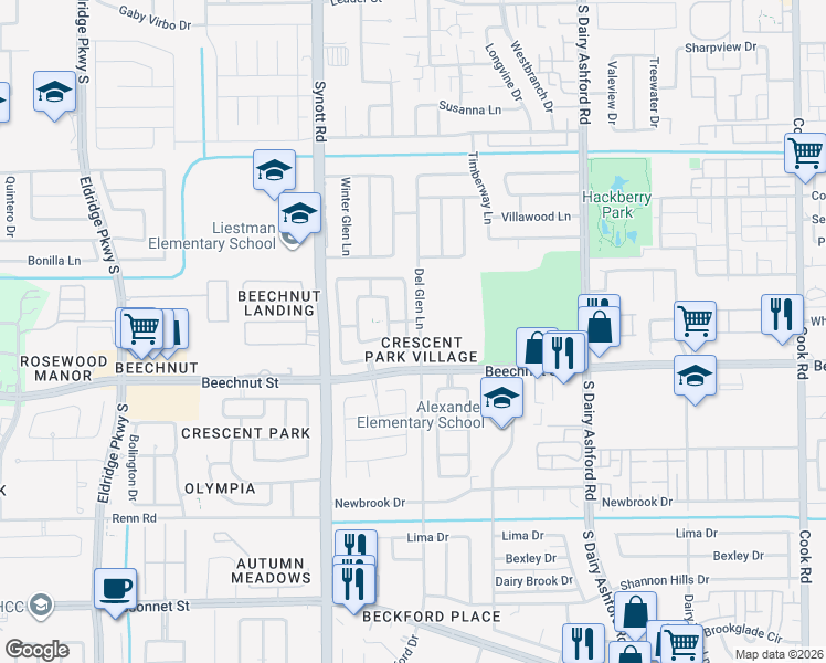 map of restaurants, bars, coffee shops, grocery stores, and more near 8146 Barnes Ridge Lane in Houston