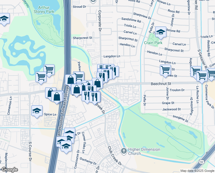 map of restaurants, bars, coffee shops, grocery stores, and more near Beechnut St & Corporate Dr in Houston