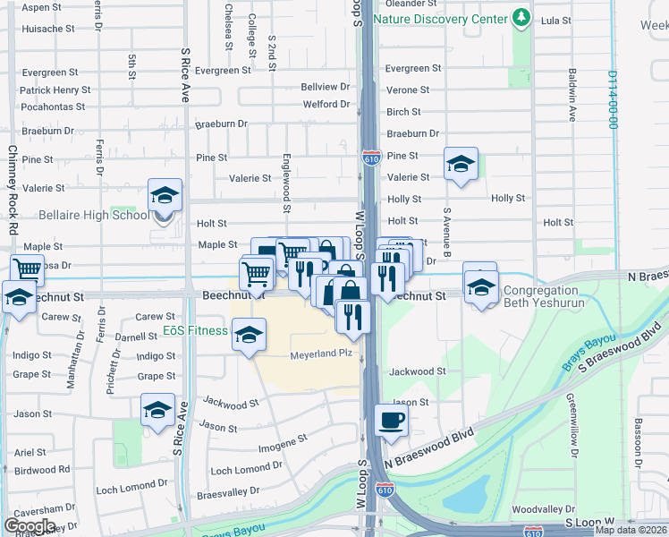 map of restaurants, bars, coffee shops, grocery stores, and more near 4712 Beechnut Street in Houston
