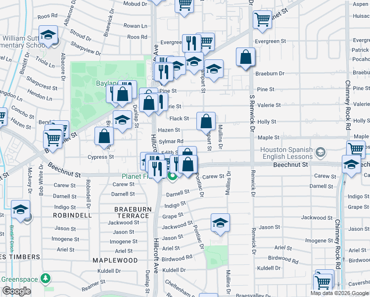 map of restaurants, bars, coffee shops, grocery stores, and more near 8206 Pontiac Drive in Houston