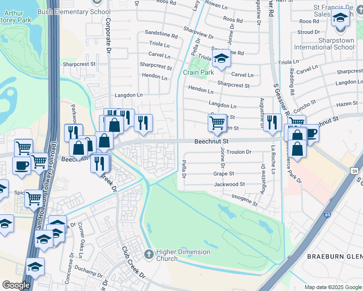 map of restaurants, bars, coffee shops, grocery stores, and more near 9127 Pella Drive in Houston
