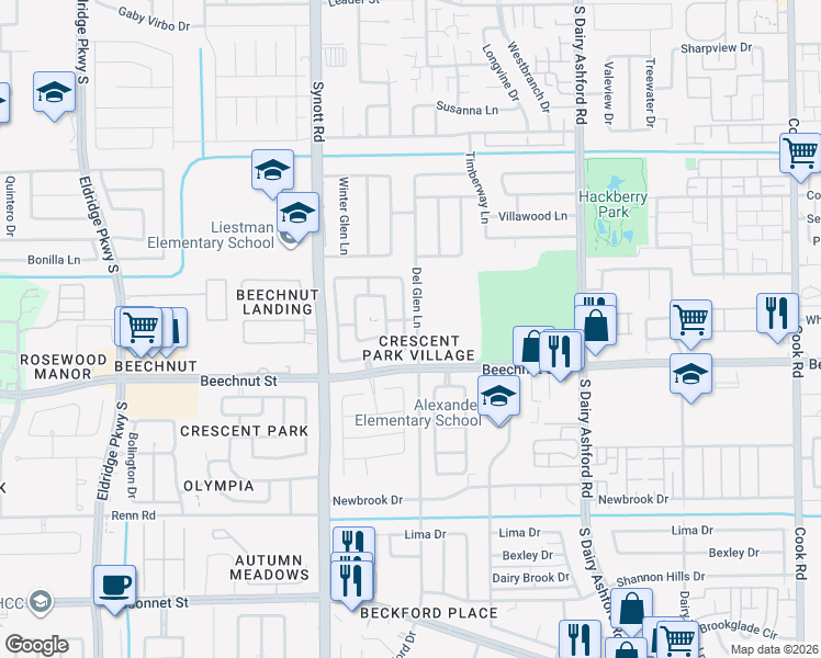 map of restaurants, bars, coffee shops, grocery stores, and more near 8146 Barnes Ridge Lane in Houston