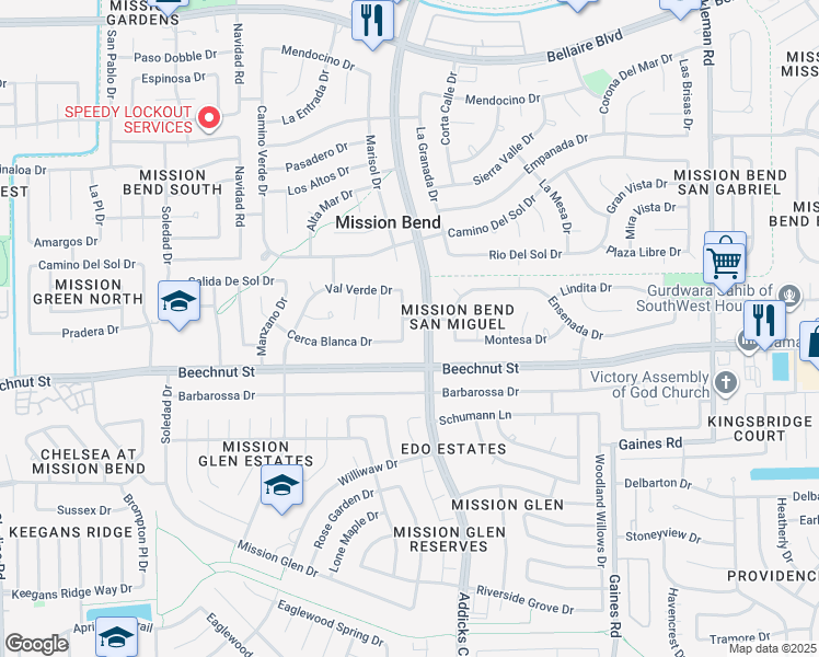 map of restaurants, bars, coffee shops, grocery stores, and more near 8019 Marisol Drive in Houston
