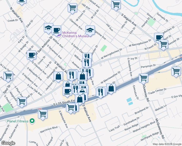 map of restaurants, bars, coffee shops, grocery stores, and more near 1231 Huisache Avenue in New Braunfels