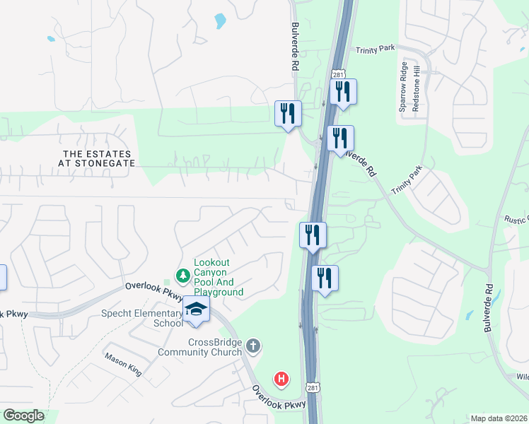 map of restaurants, bars, coffee shops, grocery stores, and more near 2228 Sunderidge in San Antonio
