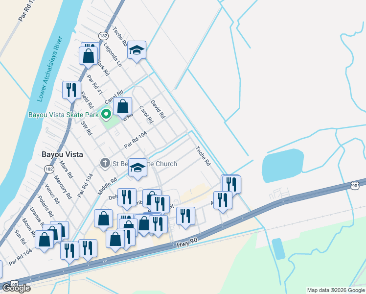 map of restaurants, bars, coffee shops, grocery stores, and more near 1400-1712 Evergreen Avenue in Morgan City