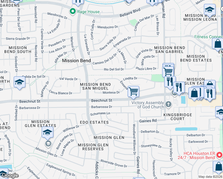 map of restaurants, bars, coffee shops, grocery stores, and more near 15515 Montesa Drive in Houston