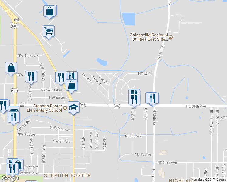 map of restaurants, bars, coffee shops, grocery stores, and more near 4018 Northeast 1st Terrace in Gainesville