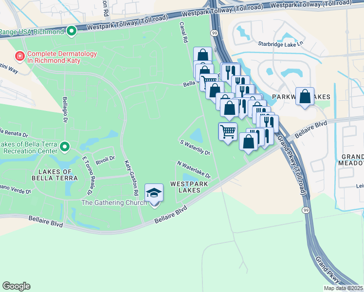 map of restaurants, bars, coffee shops, grocery stores, and more near 23039 South Waterlily Drive in Richmond