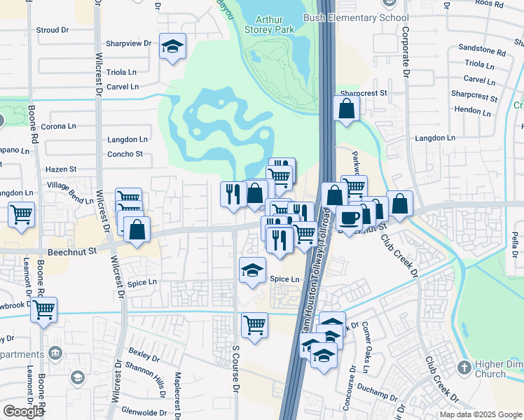 map of restaurants, bars, coffee shops, grocery stores, and more near 10185 Beechnut Street in Houston