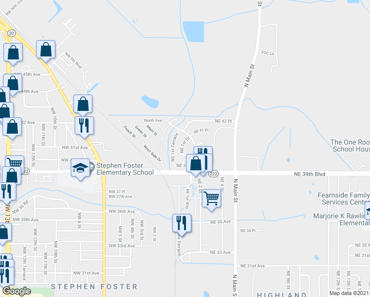 map of restaurants, bars, coffee shops, grocery stores, and more near 4019 Northeast 1st Drive in Gainesville